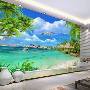 8d电视背景墙壁纸海景沙滩，壁画简约风景墙布，18d立体客厅影视墙纸