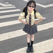 女童套装韩国学院风甜美夏装短袖衬衫上衣网红中大童百褶半身短裙
