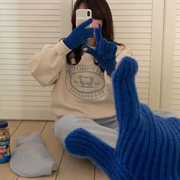 韩国克莱因蓝纯色毛线针织可爱手套冬季女保暖可触屏露手指头分指