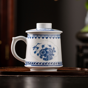 玉柏陶瓷景德镇手绘青花瓷茶杯过滤带盖办公室泡茶杯茶水分离梅兰