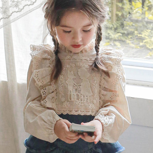 23春款韩版女童蕾丝花边立领衬衫公主上衣卡通绣花衬衣长袖娃娃衫