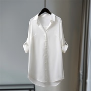 雪纺防晒白色长款衬衫，女遮屁股2024透气上衣设计感冰丝白衬衣(白衬衣)