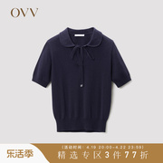 凉感针织OVV春夏女装时尚圆角Polo优雅领飘带针织衫