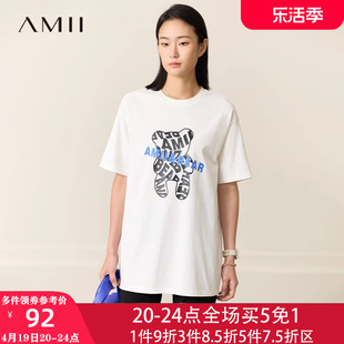 Amii体桖女2024潮夏季字母小熊短袖白T恤女宽松休闲上衣纯棉