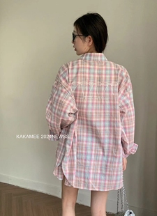 KAKAMEE美式复古刺绣蝴蝶结格子薄料美白神器防晒衬衫上衣