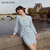 AZURIERA法式蓝色印花真丝双绉长袖连衣裙高级感女装英伦风春秋款