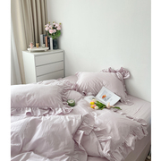 法式紫色公主风床上四件套全棉100纯棉，少女心纯色，被套床单床笠式4