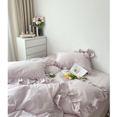法式紫色公主风床上四件套全棉100纯棉少女心纯色被套床单床笠式4