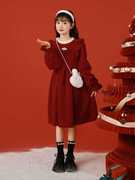 女童连衣裙冬装红色韩版儿童洋气加绒新年裙子女大童公主裙拜年服