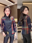 韩版拼接格子衬衫女2023秋季显瘦时尚百搭气质长袖翻领上衣潮