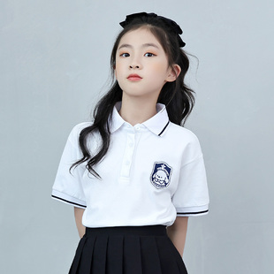 女童t恤短袖夏季Polo衫时髦女孩儿童学院风校服纯棉白色体恤