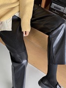黑色pu皮裤女春秋，2023年高腰直筒西装裤小个子，九分休闲哈伦裤