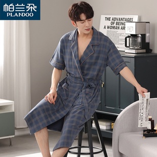 夏季男士浴袍纯棉短袖日式连体睡袍和服一体式中长款大码男款睡衣