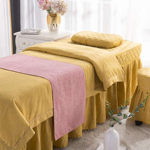 棉麻美容院床罩四件套，专用按摩理疗，带洞奢华高档黄色圆头纯色