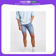 香港直邮潮奢asos男士，设计紧身中长水洗蓝色牛仔短裤