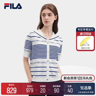 FILA 斐乐女子编织衫2024夏时尚休闲条纹海军领短袖毛衣