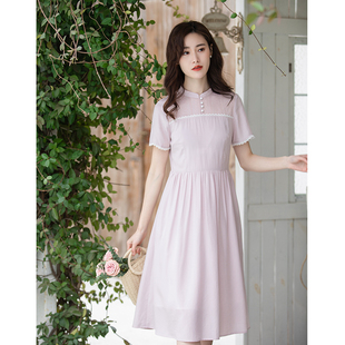 纻衣粉色天丝立领新中式短袖连衣裙，2023夏气质(夏气质，)女装高级感长裙