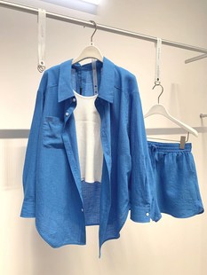 夏季女装2024小香风，蓝色衬衫运动休闲短裤，活泼减龄两件套装裤
