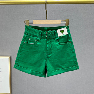 绿色牛仔短裤女2023年夏装弹力高腰修身显瘦ins翻边阔腿热裤