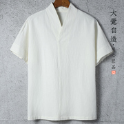 原创中国风夏季亚麻v领t恤男复古宽松道服短袖，棉麻纯色大码汉服薄