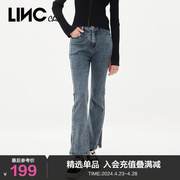 lincchic金羽杰裤子女，复古灰蓝色中高腰微喇叭牛仔裤s231je181y