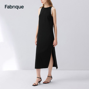 fabrique黑色醋酸面料无袖荷叶，边设计连衣裙，2023秋季裙子女