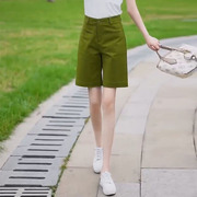 绿色西装短裤女2023夏季高腰显瘦时尚休闲a字阔腿纯棉五分裤
