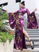 锦秀儿原创定制紫色缎面连衣裙花鸟方形长水袖新中式走秀改良旗袍