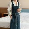 韩国chic秋季复古翻领内搭长袖，衬衫+单排扣系带收腰背心牛仔裙女