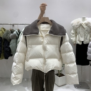韩国2023冬季羽绒服女短款95白鸭绒(白鸭绒)羊毛，针织大翻领保暖面包服
