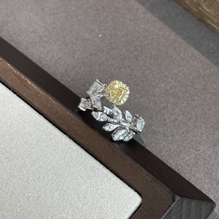 S925纯银活口戒指女黄钻冰花切树叶叶子高级感珠宝戒指培育高碳钻