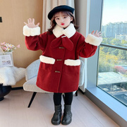 女童外套大童毛呢子大衣，秋冬季2023中长款红色冬装儿童拜年服