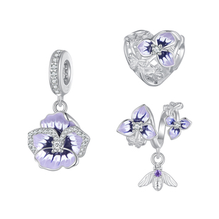 紫色珠子925纯银散珠小蜜蜂花朵串珠diy手链配件心形镶钻手工饰品