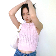 金智妮姜涩琪同款粉色针织背心2022夏季无袖翻领外穿纯色背心马甲