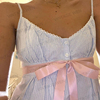 vintagewen美式甜心学院，风蓝色条纹，蝴蝶结吊带连衣裙夏季中长裙