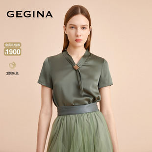 gegina吉吉娜高档墨绿色，遮肚子显瘦t恤雪纺衫女短袖上衣商场同款