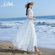 白色v领连衣裙女夏2023雪纺，大摆仙女沙滩，裙显瘦收腰长裙脚踝1360