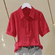 大红色棉布短袖衬衫，女2024夏polo领简约气质百搭衬衣时尚上衣