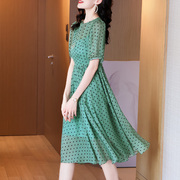 真丝连衣裙2023女装夏季绿色，波点国际大牌小个子桑蚕丝连衣裙