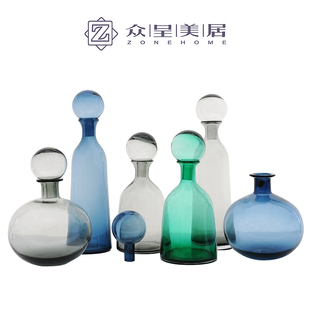 北欧蓝色灰色带盖玻璃瓶摆件，花瓶样板房家居创意，装饰花器摆设简约
