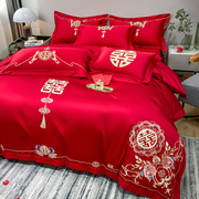 中式结婚四件套婚床上用品婚庆，大红色刺绣被套，床单高档婚礼床品