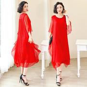 红色冰丝连衣裙女中长款2023妈妈夏装时尚，雪纺沙滩裙大码长裙