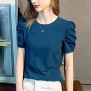 蓝色短袖t恤女夏2024设计感小众复古公主，褶皱泡泡袖纯棉上衣