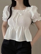 韩国chic夏季减龄气质方领打揽蝴蝶结娃娃衫女甜美泡泡袖短袖衬衫