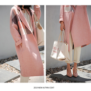 双面羊绒大衣女长款2023格子，秋冬季韩版宽松粉色格纹羊毛外套