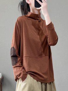秋季韩版时尚半高领撞色贴布长袖T恤百搭休闲宽松显瘦打底卫衣女