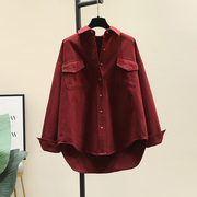 设计感双口袋加厚酒红色衬衫，女2023秋冬韩版长袖叠穿衬衣上衣