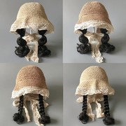 女童春夏遮阳帽可折叠公主假发沙滩帽儿童婴儿草帽宝宝防晒帽女孩