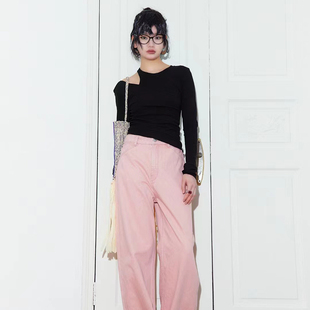LunaGrace/小众设计师款欧洲站黑色修身打底衫粉色高腰直筒牛仔裤