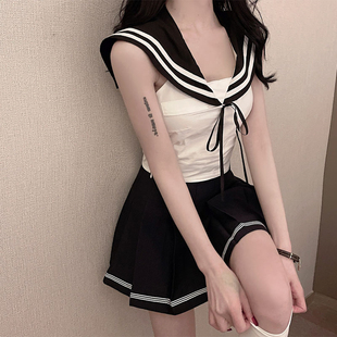 韩系百褶短裙jk制服套装女夏季学院风，高腰半身裙+纯欲上衣两件套